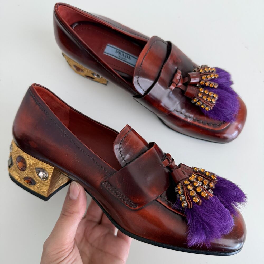 Prada Penny Loafers Shoes Womens 35.5 EU Leather Embellished Heeled Fur Tasseled